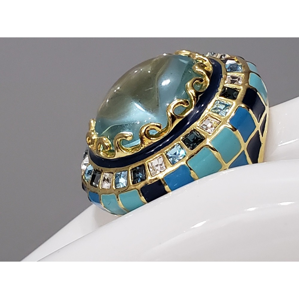 Lauren G Adams Checker blue Enamel Cocktail Ring maximalist whimsical harlequin - Picture 6 of 6